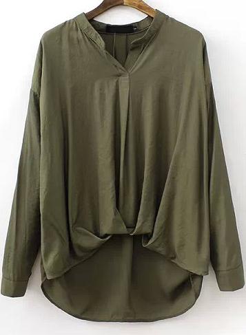 Romwe Green V Neck Contrast Chiffon Dipped Hem Blouse
