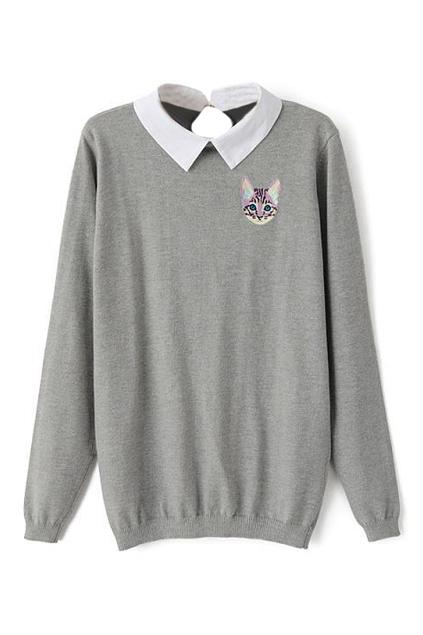 Romwe Cat Embroidered Grey Jumper
