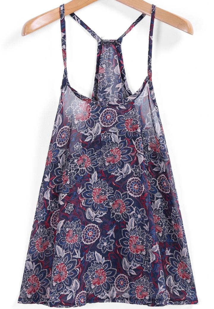Romwe Spaghetti Strap Floral Chiffon Blue Cami Top