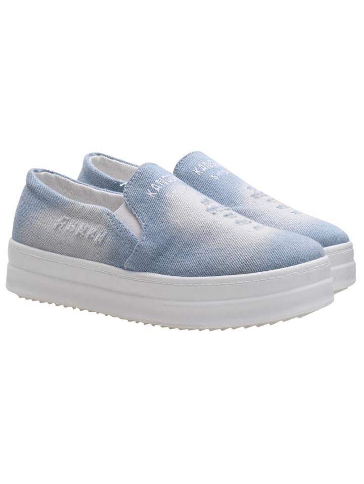 Romwe Light Blue Letter Print Canvas Flats