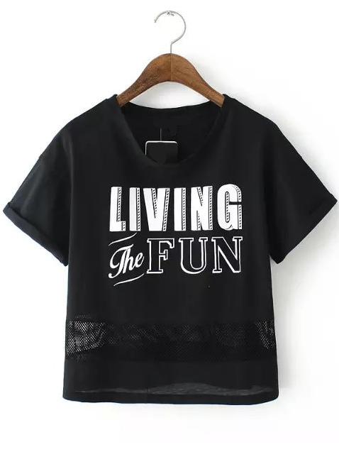 Romwe With Mesh Letter Print Black T-shirt