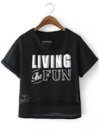 Romwe With Mesh Letter Print Black T-shirt