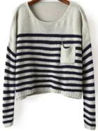 Romwe Round Neck Striped Pocket Grey Navy Sweater