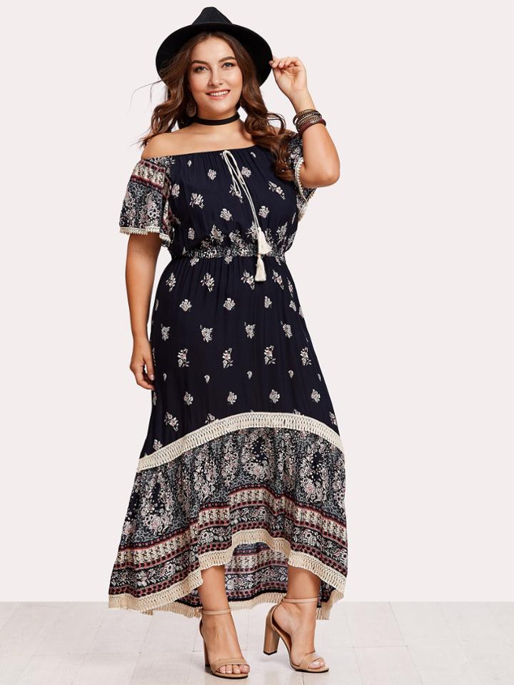 Romwe Tassel Tie Front Lace Detail Calico Bardot Dress