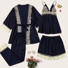 Romwe 4pcs Contrast Lace Cami Pj Set With Robe