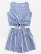 Romwe Pinstripe V Back Bow Tie Top And Shorts Set