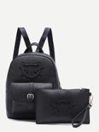 Romwe Black Cartoon Patch Front Pocket Two Piece Backpack