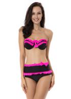 Romwe Pink High Waist Ruffles And Bows Bikini Set