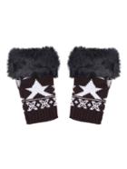 Romwe Black Faux Fur Trim Knit Fingerless Gloves
