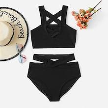 Romwe Criss Cross Top With Cutout Bikini Set