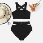 Romwe Criss Cross Top With Cutout Bikini Set