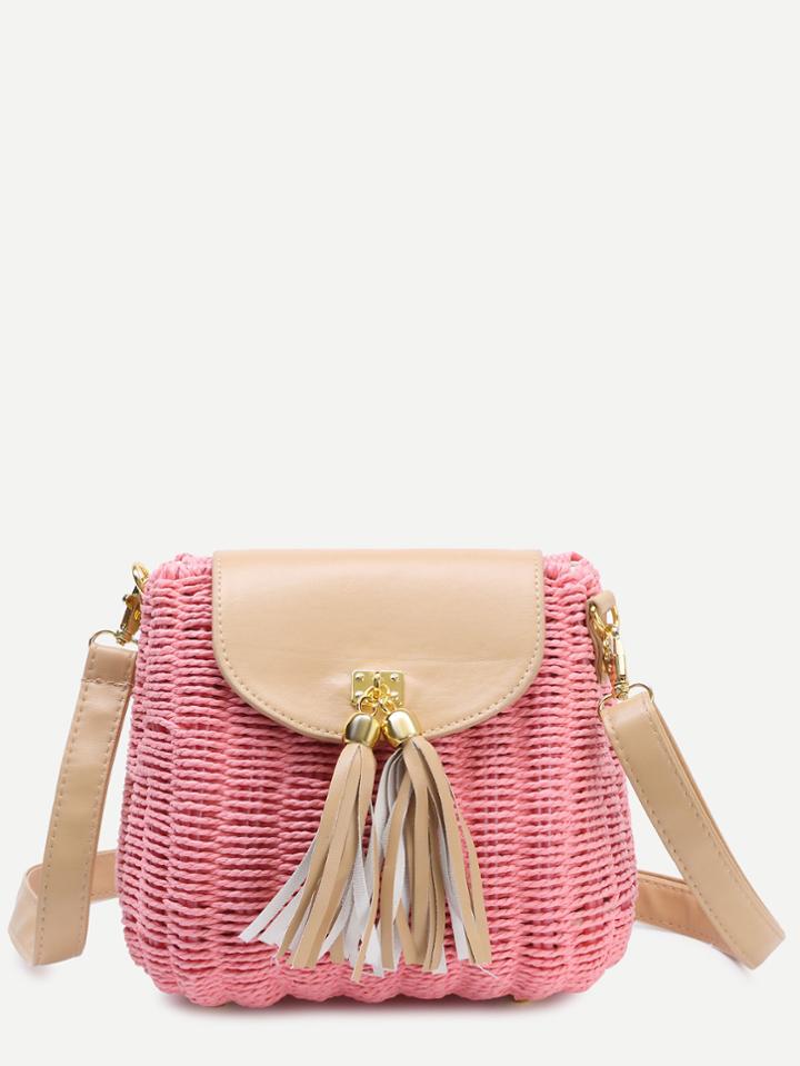 Romwe Pink Tassel Embellished Straw Shoulder Bag