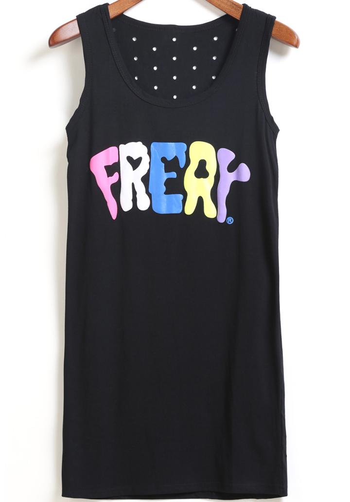 Romwe Black Scoop Neck Frery Print Tank Top