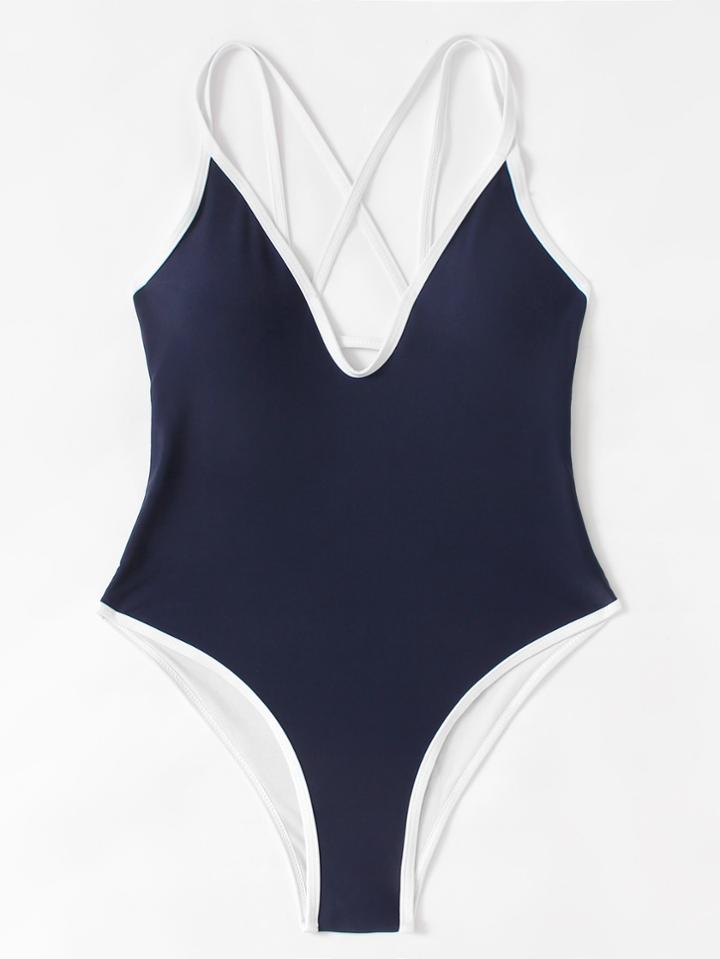 Romwe Contrast Piping Cross Back Plunge Swimsuit