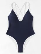Romwe Contrast Piping Cross Back Plunge Swimsuit