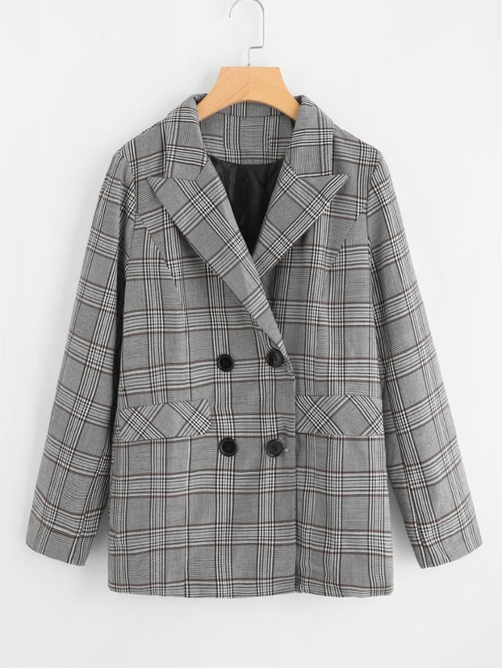 Romwe Tartan Plaid Double Breasted Blazer