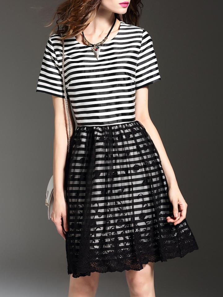 Romwe Black White Striped Organza A-line Dress