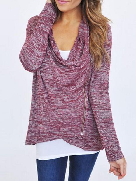Romwe Draped Neck Zipper Maroon T-shirt