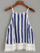 Romwe Blue White Vertical Striped Crochet Trim Cami Top
