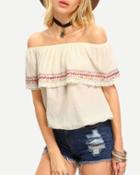 Romwe Beige Off The Shoulder Embroidered Ruffle Blouse
