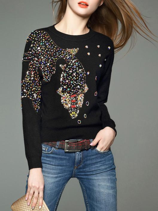 Romwe Black Fish Beading Knit Sweatshirt