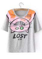 Romwe Cat Print Grey T-shirt