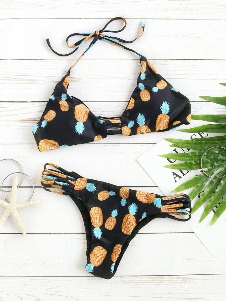Romwe Black Pineapple Print Ladder Cutout Bikini Set