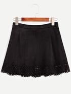 Romwe Black Eyelet Scalloped Suede A-line Skirt