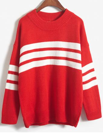 Romwe Striped Loose Boyfriend Red Sweater