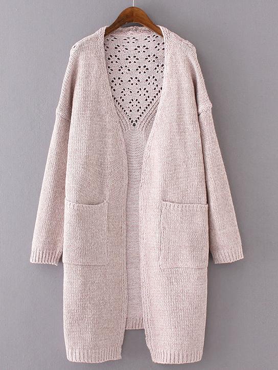 Romwe Light Pink Drop Shoulder Eyelet Pockets Cardigan