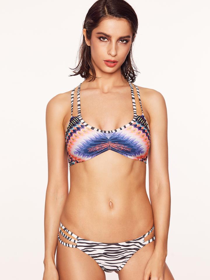 Romwe Zebra Print Cutout Design Cross Back Bikini Set