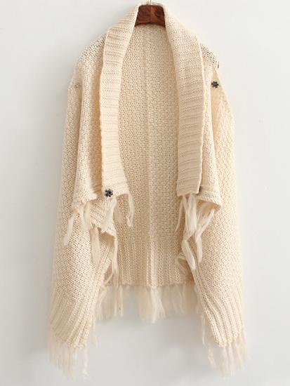 Romwe Lapel Sleeveless Tassel Beige Cardigan
