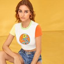 Romwe Sunflower Print Color-block Crop Top