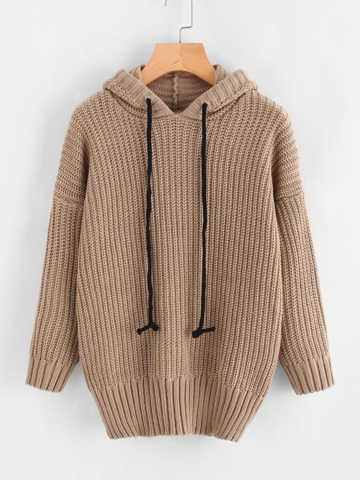 Romwe Drop Shoulder Cable Hooded Sweater