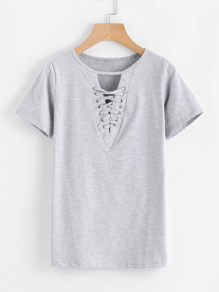 Romwe V Cut Eyelet Lace Up Tee