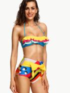 Romwe Multicolor Ruffled Layered Halter Bikini Set