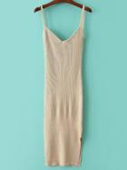 Romwe Apricot V Neck Side Slit Ribbed Knit Cami Dress