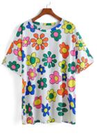 Romwe Flower Print White T-shirt