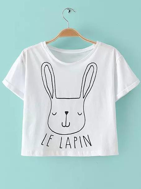 Romwe White Short Sleeve Letters Rabbit Print T-shirt