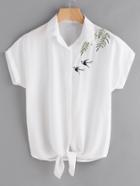 Romwe Swallows Embroidered Self Tie Front Shirt
