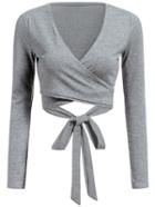 Romwe V Neck Self-tie Crop Grey T-shirt