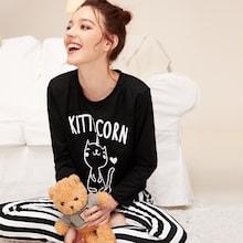 Romwe Cat Print Top & Striped Pants Pj Set