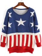 Romwe Dip Hem Color-block Stars Print Slit Sweater