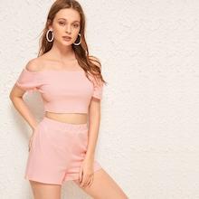 Romwe Off Shoulder Rib-knit Tee & Shorts