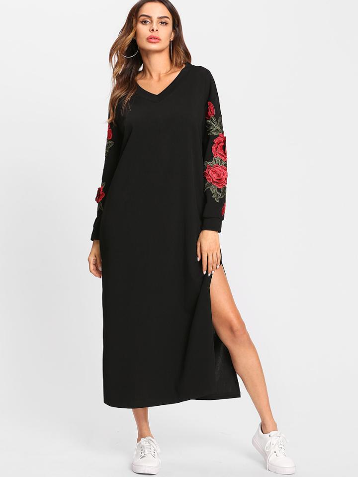 Romwe Rose Embroidered Applique Split Side Sweatshirt Dress