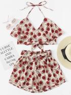 Romwe Tiered Floral Print Halter Top With Shorts