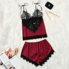 Romwe Contrast Lace Tie Shoulder Satin Cami Top With Shorts