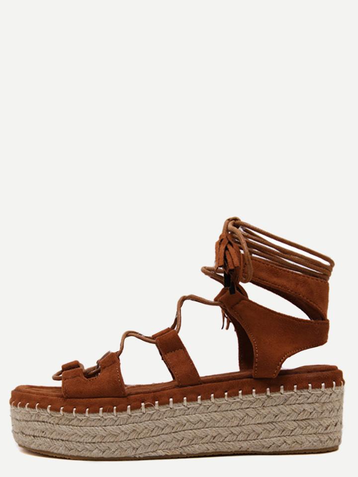 Romwe Brown Open Toe Lace-up Espadrille Wedges