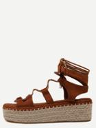 Romwe Brown Open Toe Lace-up Espadrille Wedges