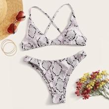 Romwe Snakeskin Print Criss-cross Bikini Set
